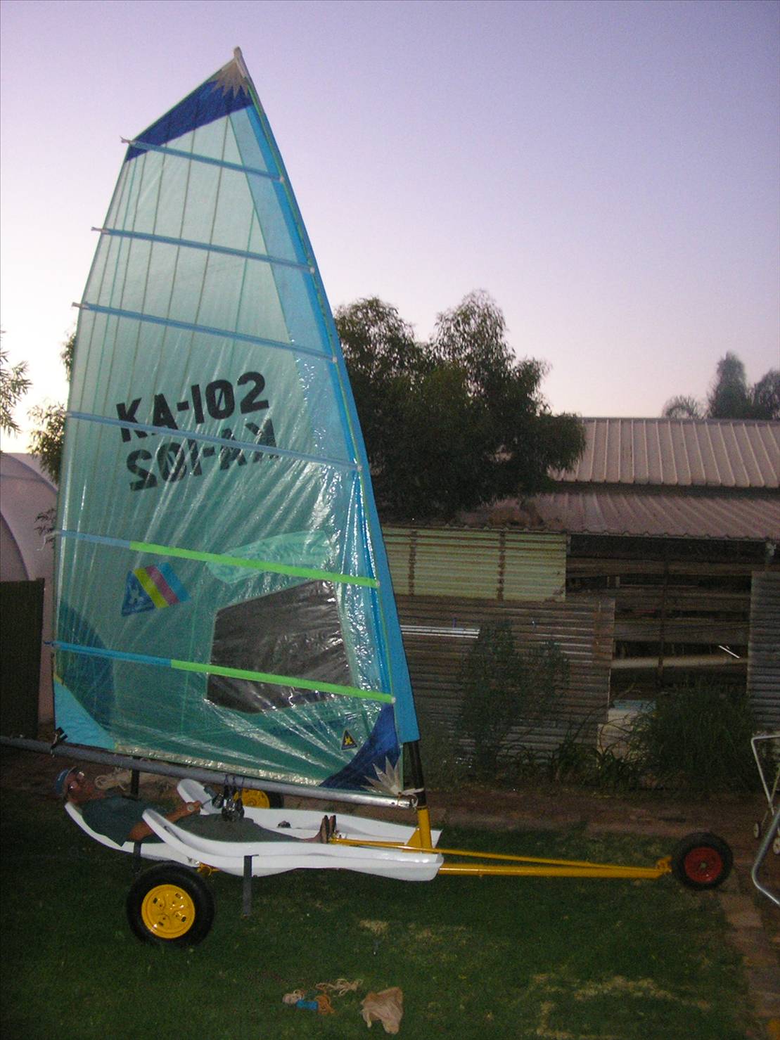 sail added to 3 seater. now named  LOVE ,PEACEand INSANITY. bloke sailing is 62\" for scale