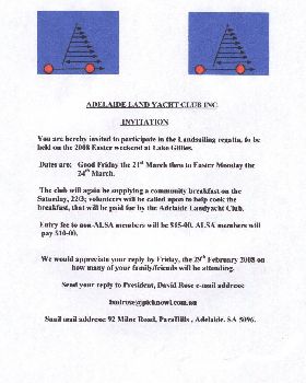 Adelaide Land Yacht Club Invitation in the Land Sailing regetta.