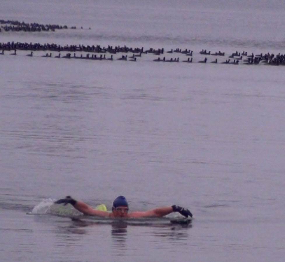 Air 30-32F (-1 to 0C), Water 42.8F (6.0C) Swim in Speedos