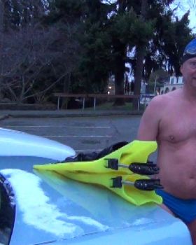 Air 30-32F (-1 to 0C), Water 42.8F (6.0C) Swim in Speedos