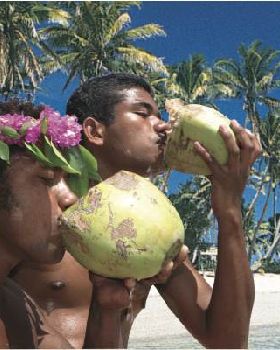 Island boys driking fresh coconuts