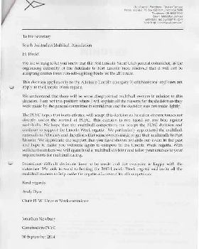 PLYC letter banning multihulls in Adelaide to Port Lincoln Race