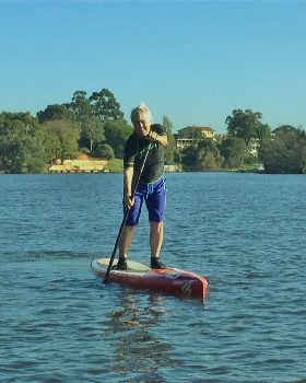 67 yo Loris on the Fanatic 12'6" race board