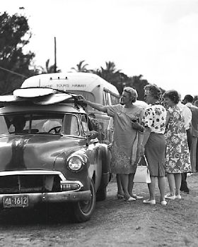 8 RC Sunset Beach Tourists Women Looking at Surfboards on Car 1963