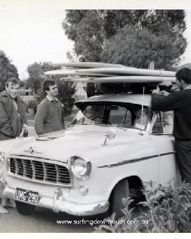 1964-Down-south-surf-trip-Ian-Barsden-Bruce-Brown-Peter-Meyer-with-Brownies-FC-Holden-Arthur-Sherbur