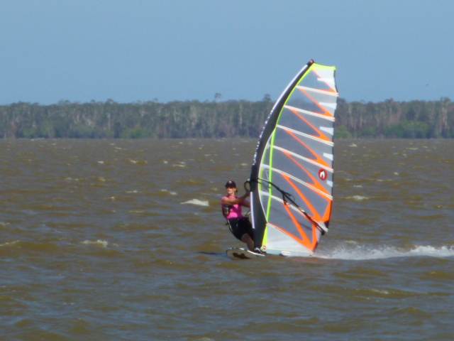 lOCAL sailor Kellie Tusler on an NXS speed slalom board with 5m Hotsail GPS  at lake cootharaba