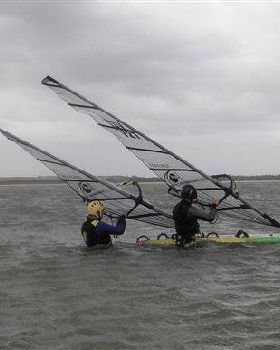 March 06. Craig Hollins and Andrew Daff about to take a 35 knot run on the tandem speed board