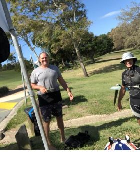 Col shouted beers Dennis and Adam still out sailing flat shallow water Wind around 16knts