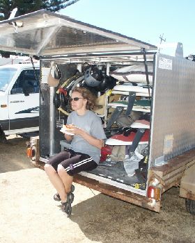 Tiff eating at the back of the trailer