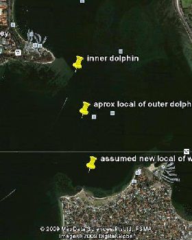 aprox dolphin spit locations (big red sticks! with sharp things on top)